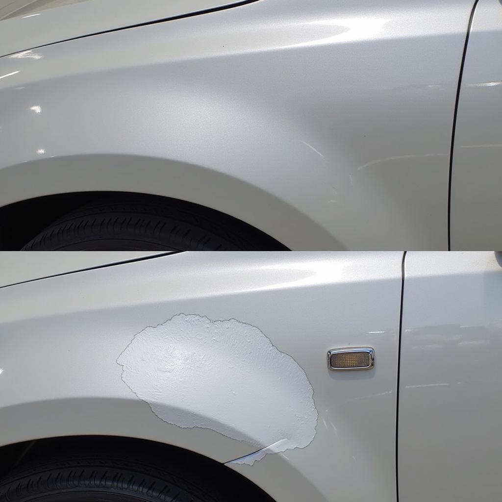 The finished car paint repair, showing a smooth and even surface.