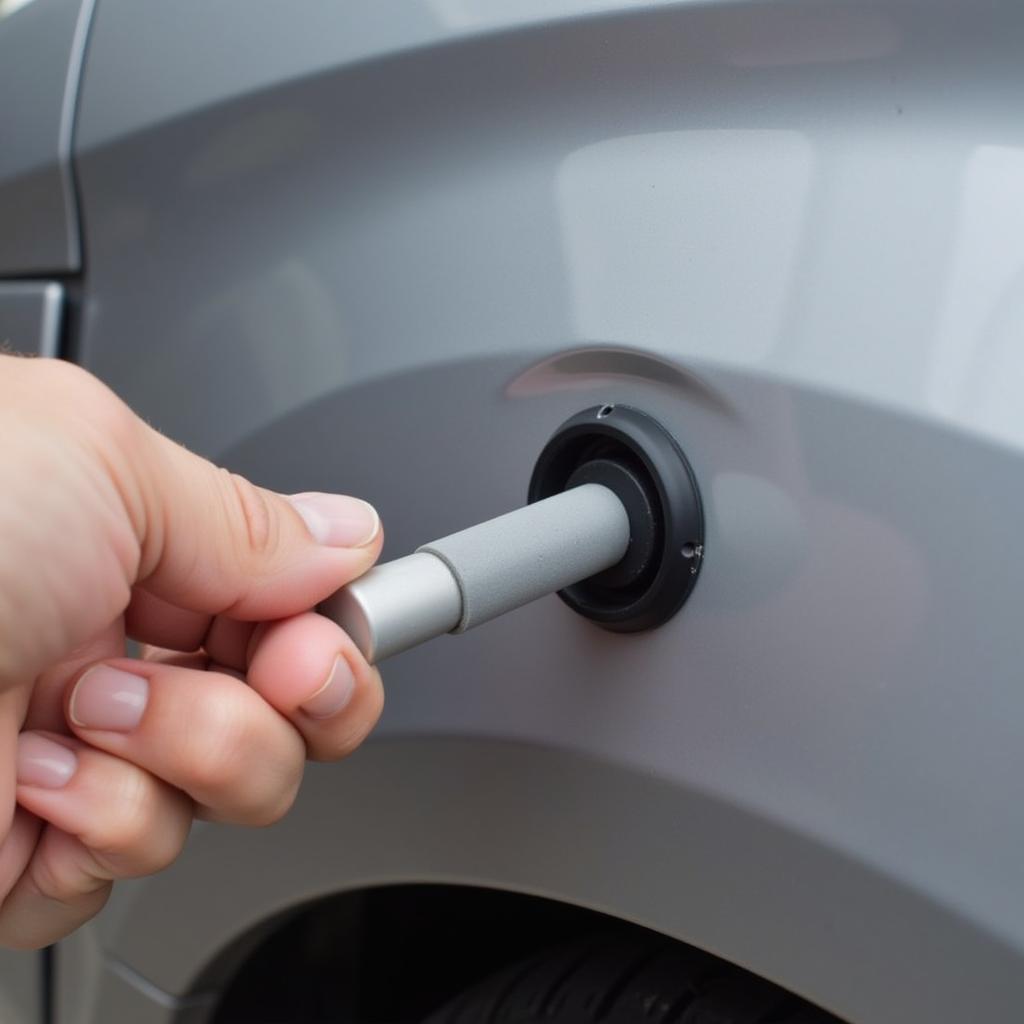 Using a Plunger to Fix a Dent in a Mirage Car Door Seam