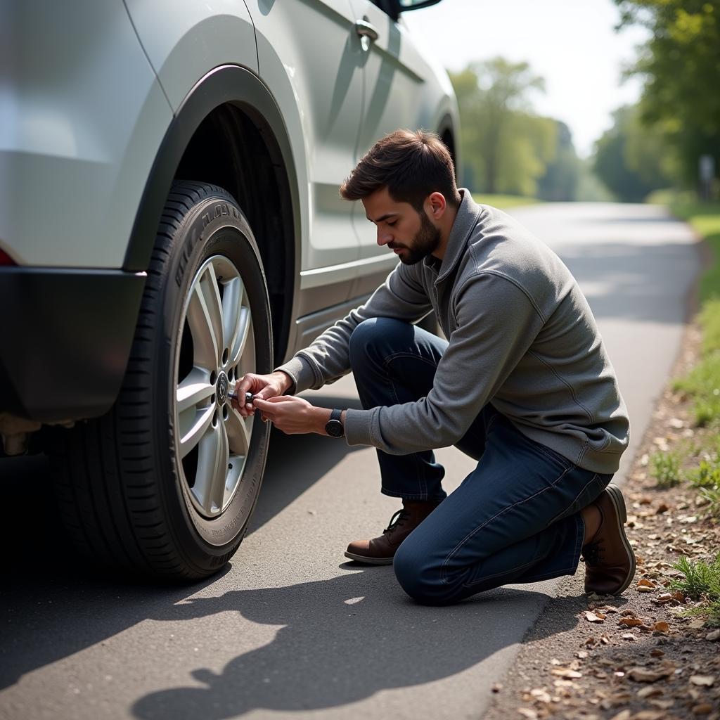 Fixing a Flat Tire on the Road