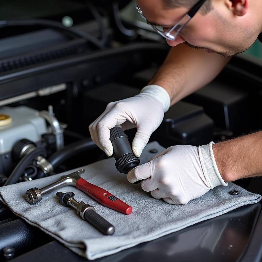 Mechanic repairing a leak in a car's AC line