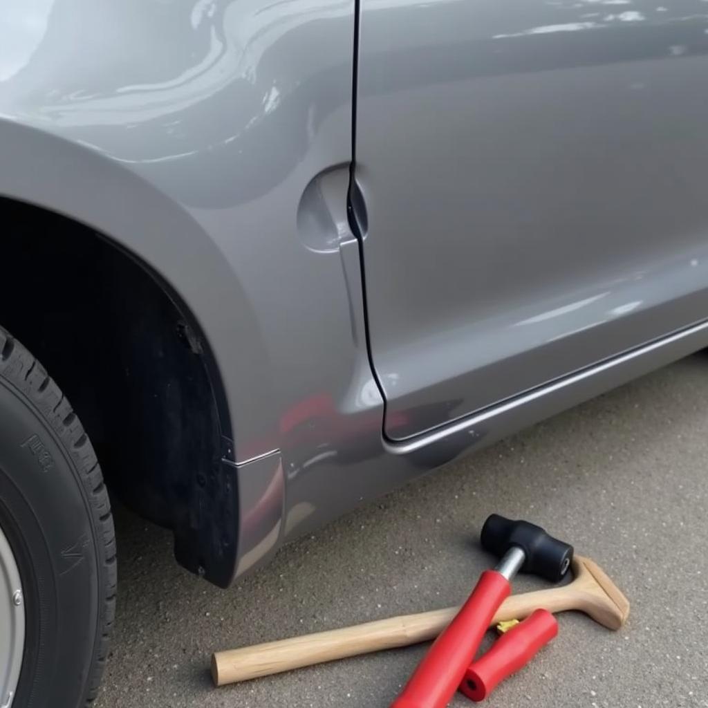 Repairing a dent on a car door corner