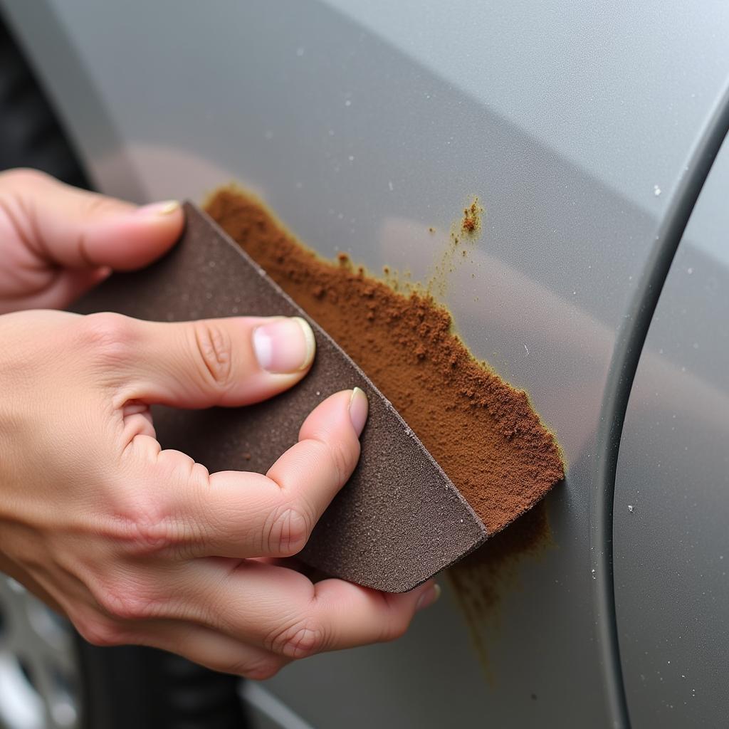 Sanding rusted area on a car