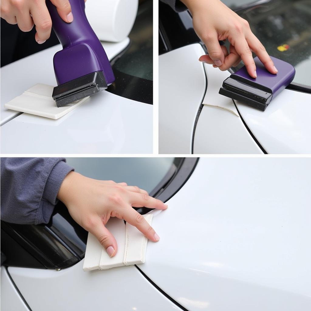 Fixing a peeling car decal edge with a hairdryer and a squeegee