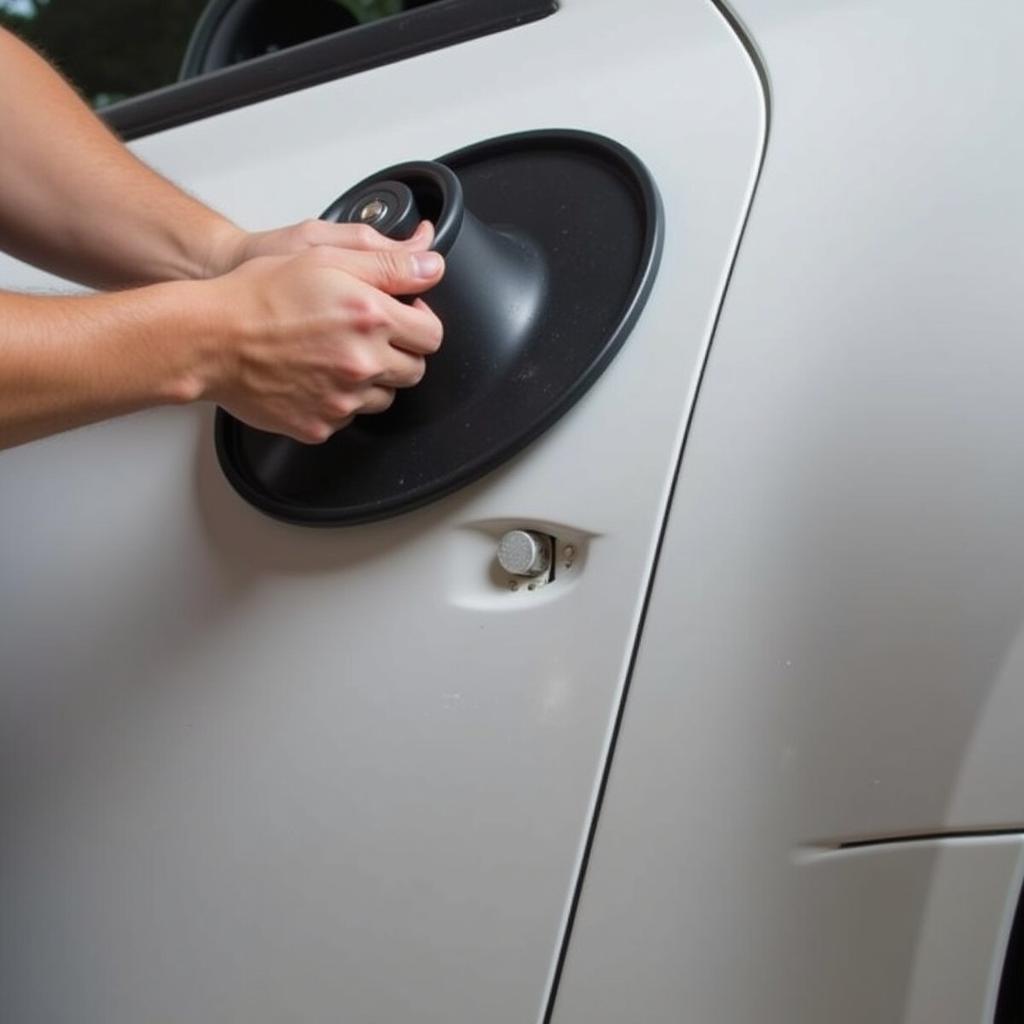 Fixing a small car dent using a plunger