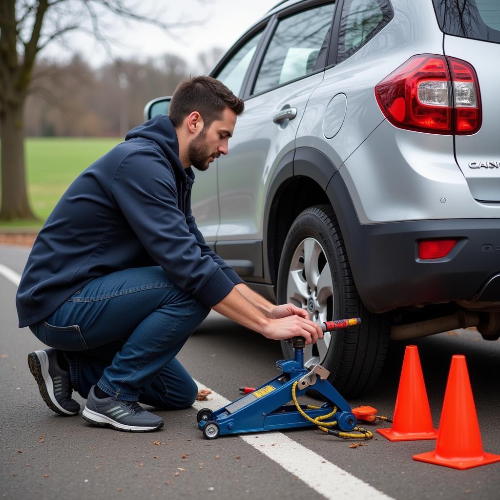 Changing a flat tire on a road trip