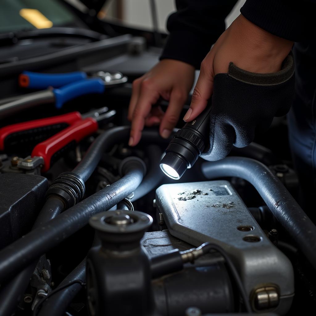 Inspecting Car Fuel Line for Leaks