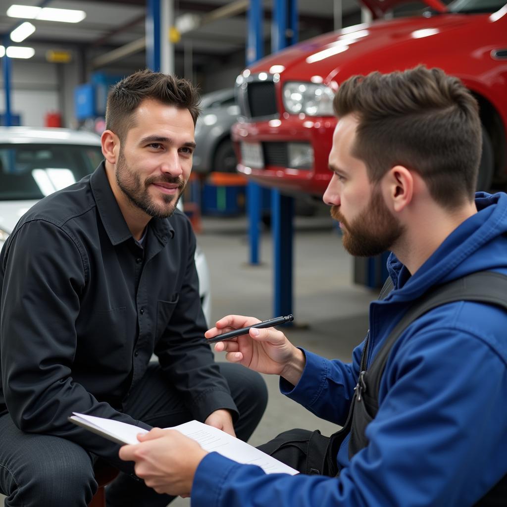 Go Car Owner Talking to Mechanic