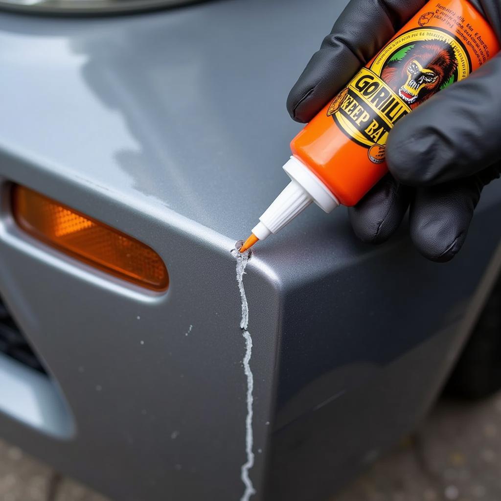 Gorilla Weld being applied to a cracked car bumper