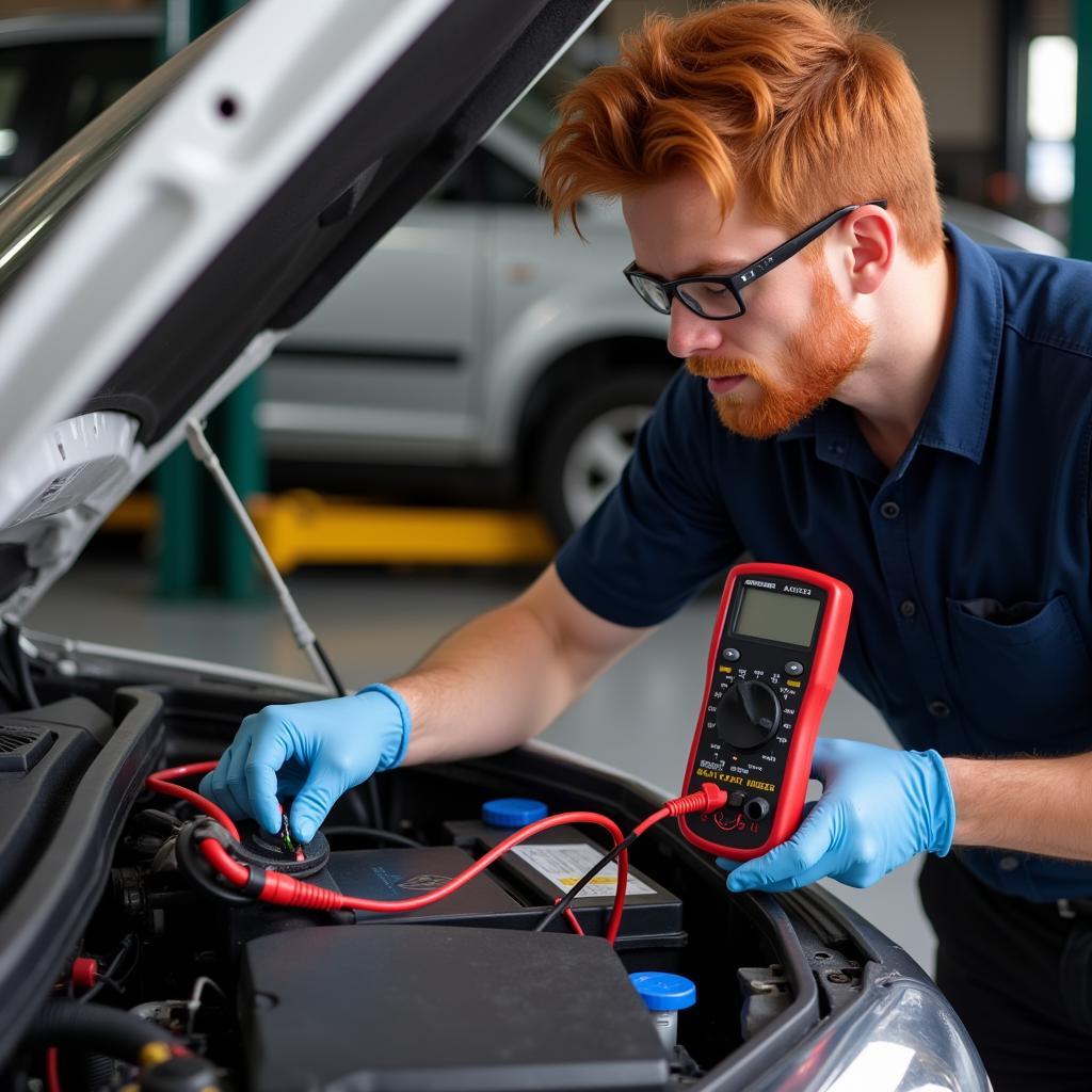 Redhead Mechanic Checking Car Battery