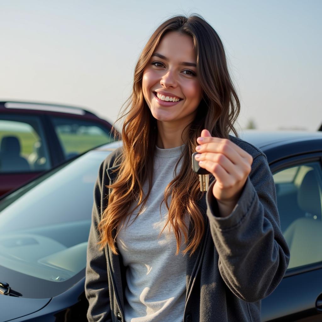 Happy Used Car Owner: A person smiles standing next to their newly purchased used car.