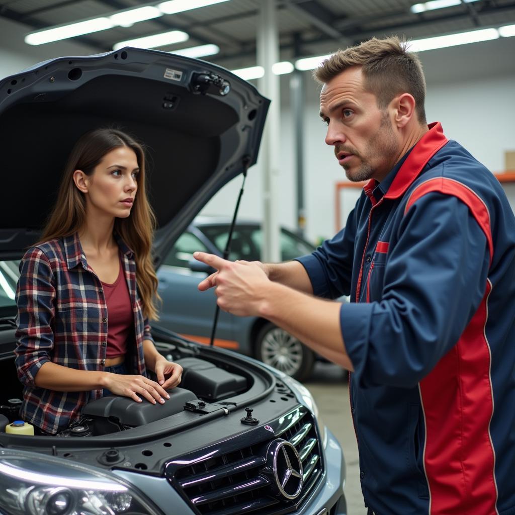 Mechanic using high-pressure sales tactics on a car owner