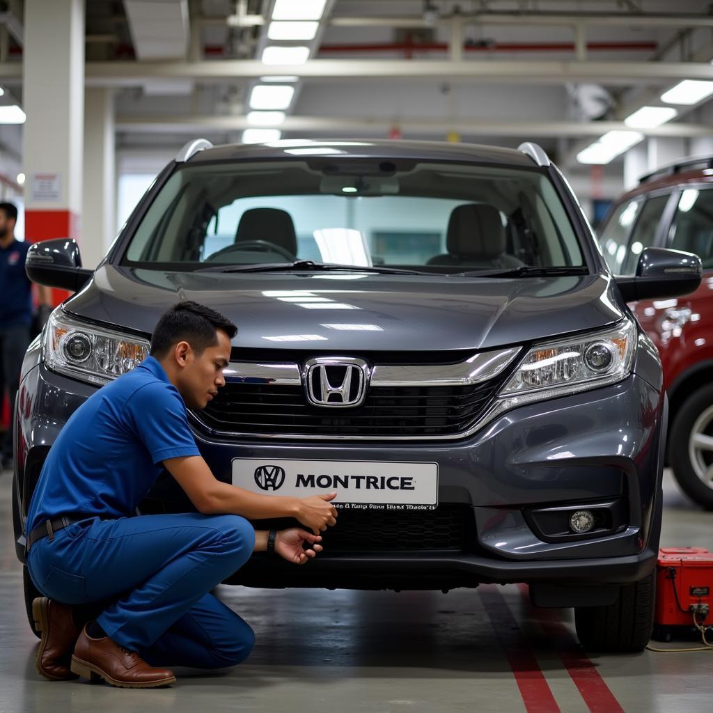 Mechanic inspecting a Honda car at an authorized service center in India