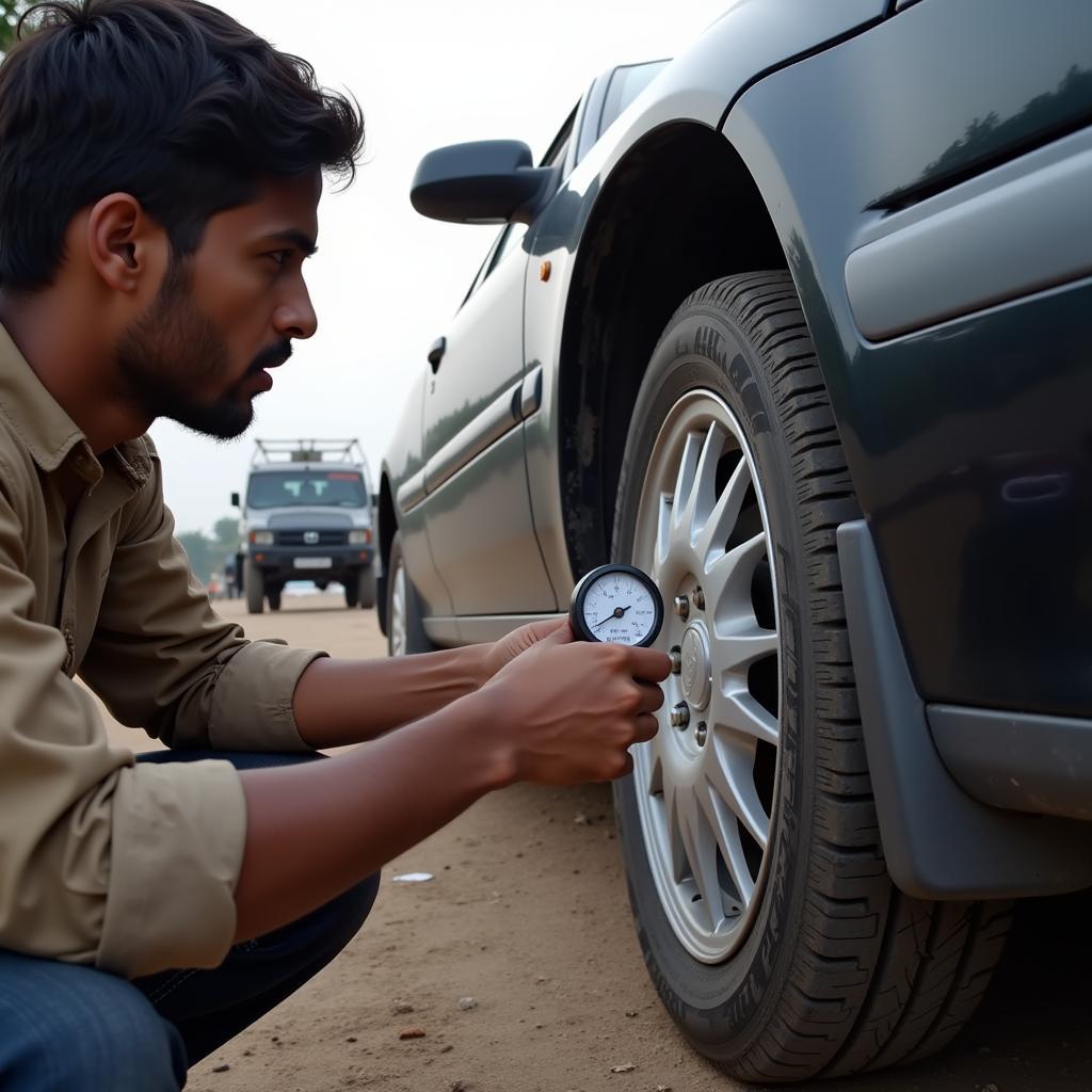 Checking Tire Pressure on Honda Car in India