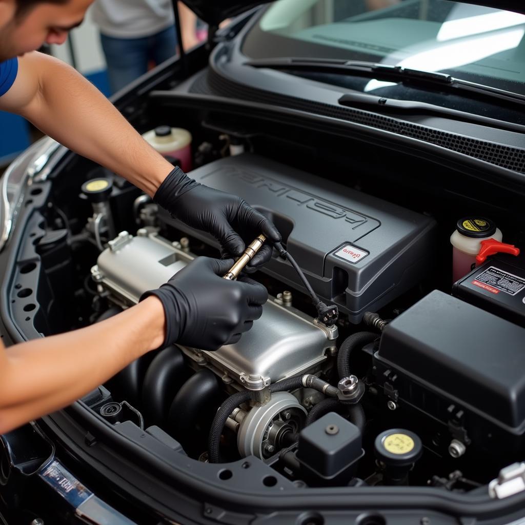 Honda City oil change being performed at a service center in India