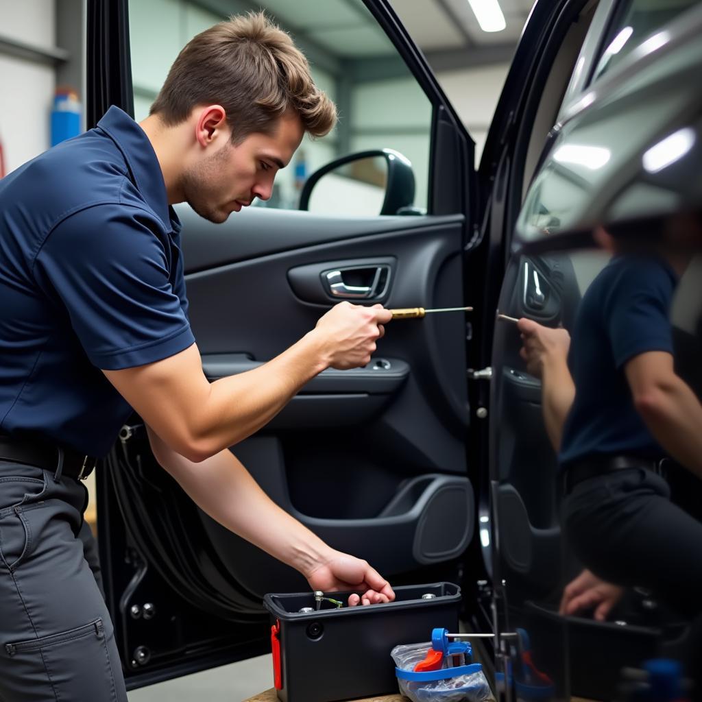 Independent Mechanic Working on Car Door