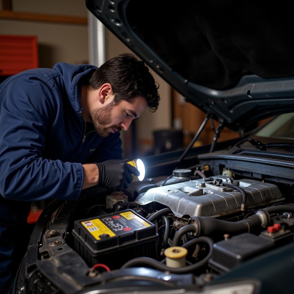 A mechanic inspects the engine bay of a potential fixer-upper car