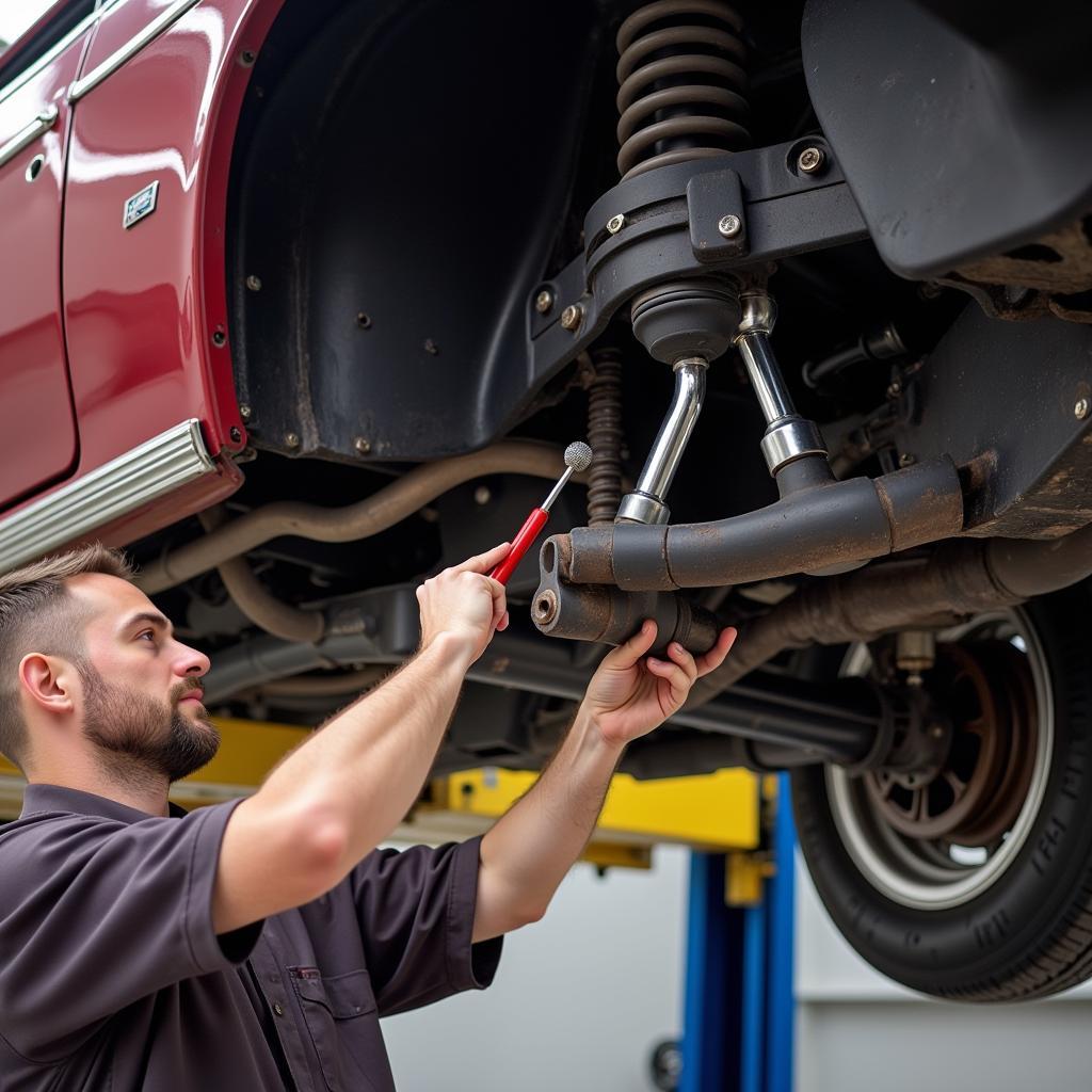 Inspecting the Suspension of a Classic Car