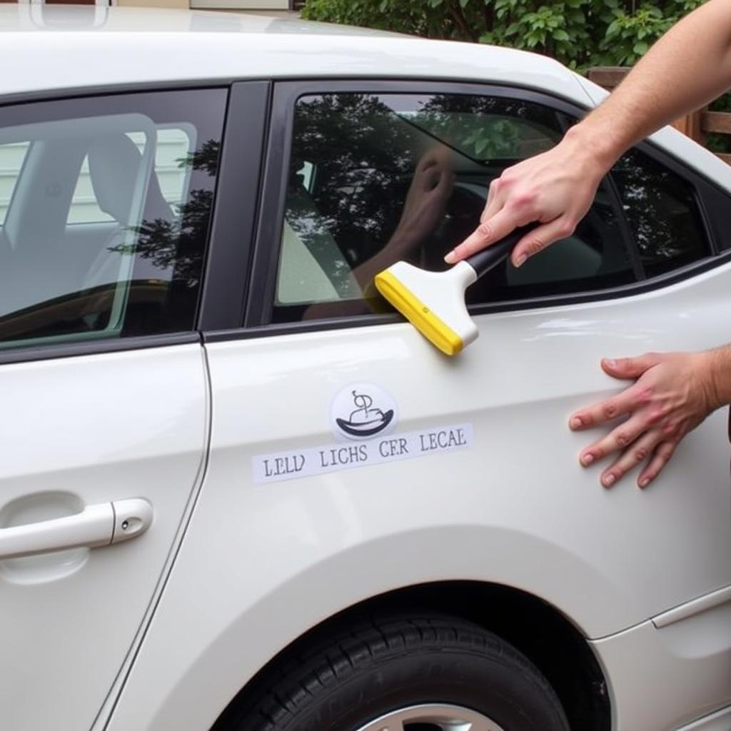 Installing a new car decal with a squeegee