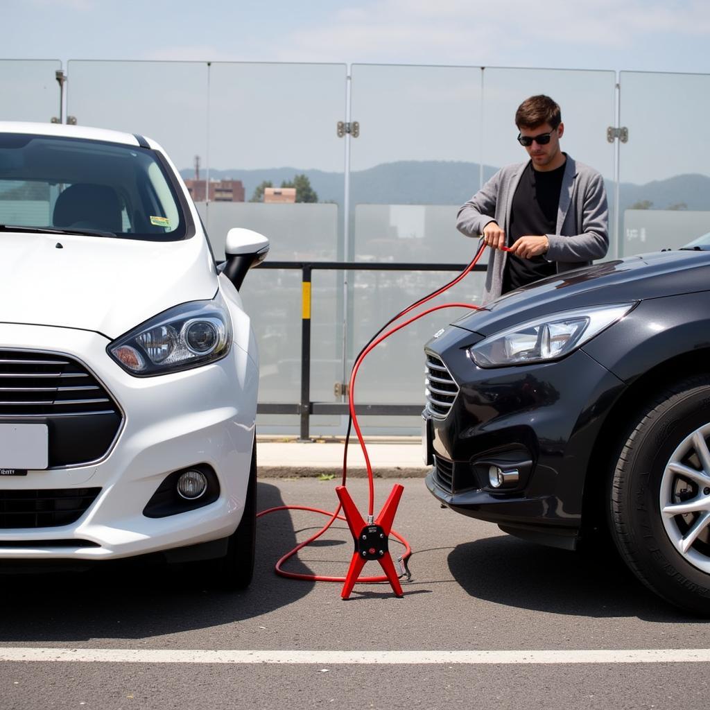 Jump starting a car to avoid being late for drill.