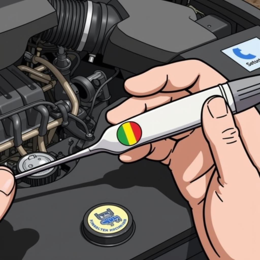 Checking car oil level with dipstick