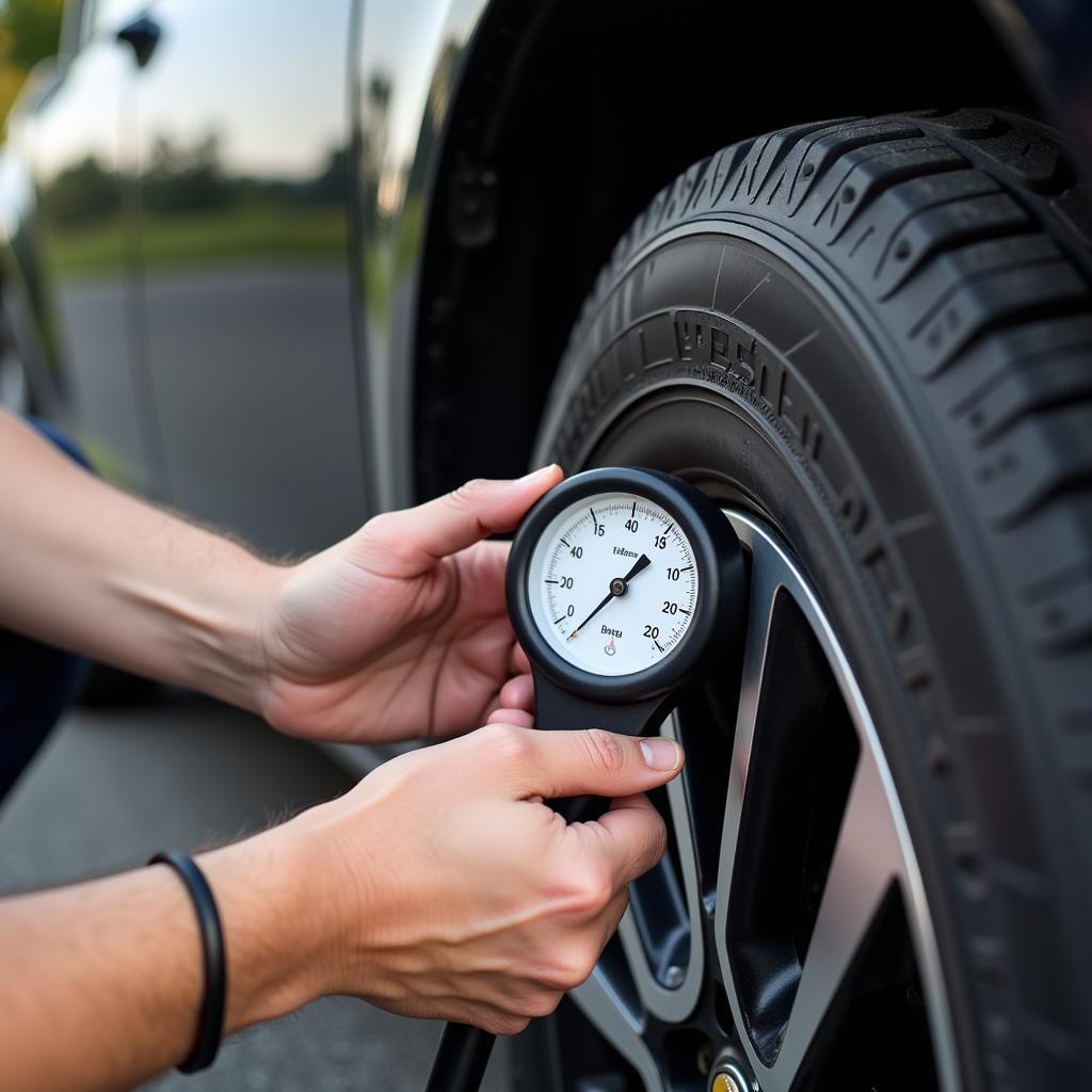 Checking tire pressure with a gauge