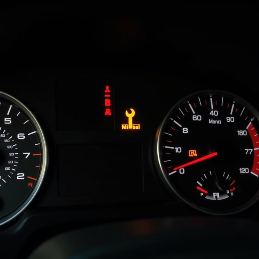 Car dashboard displaying maintenance required light