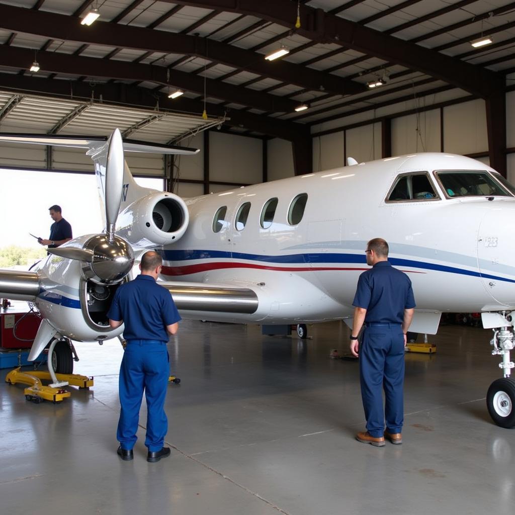 Maintenance team working on a care flight fixed wing aircraft