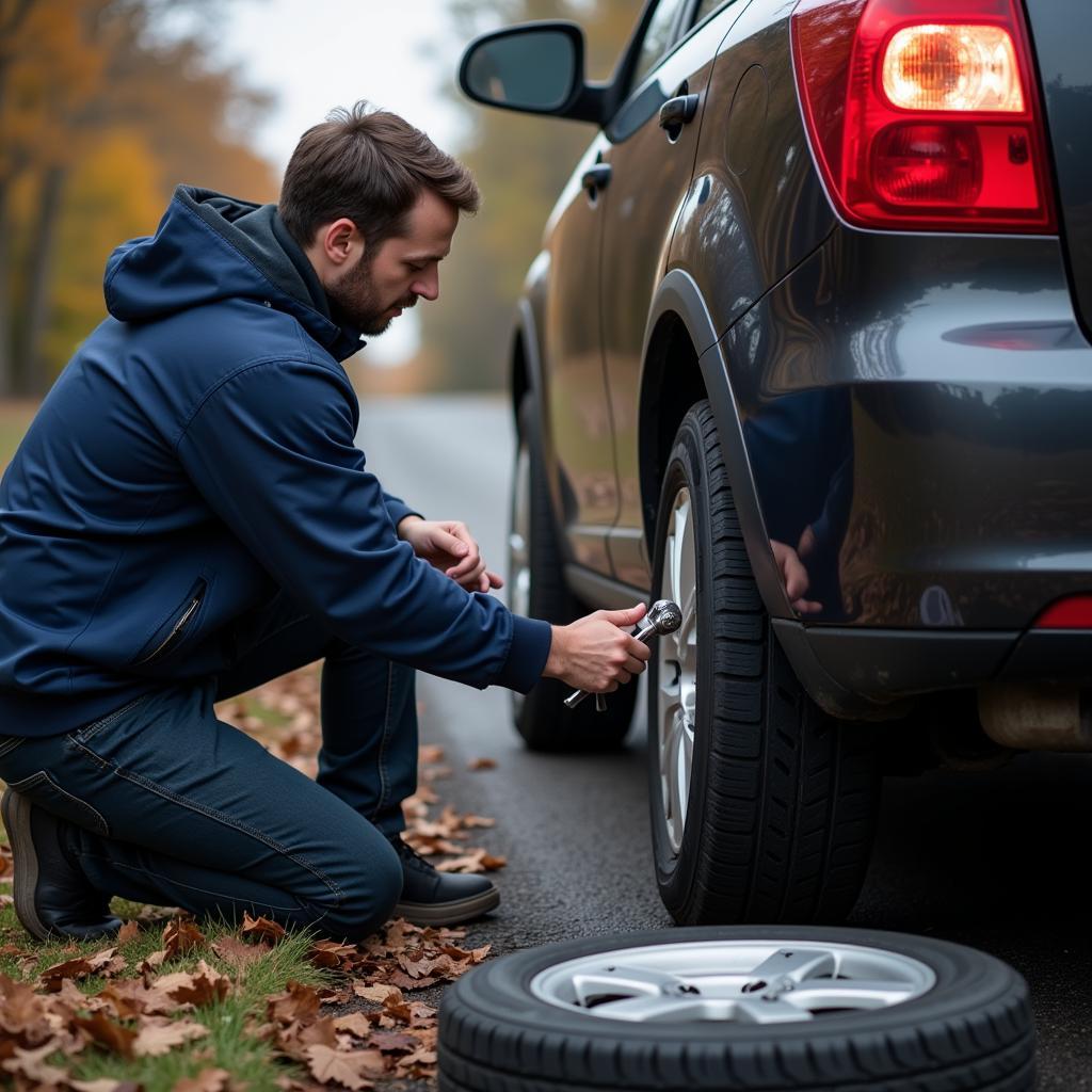 Man Changing Tire Roadside