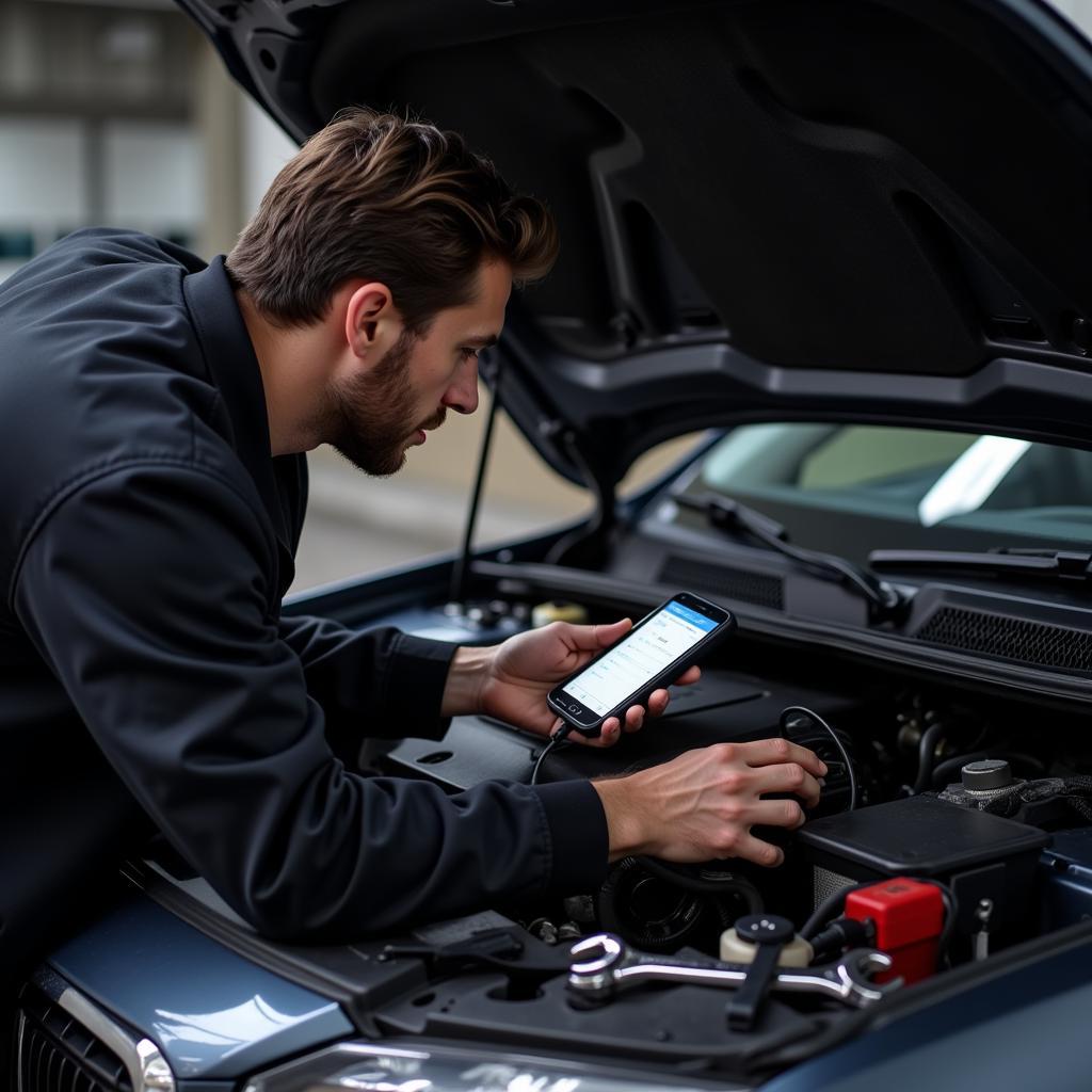 Man Diagnosing Car Problem with Diagnostic Tool