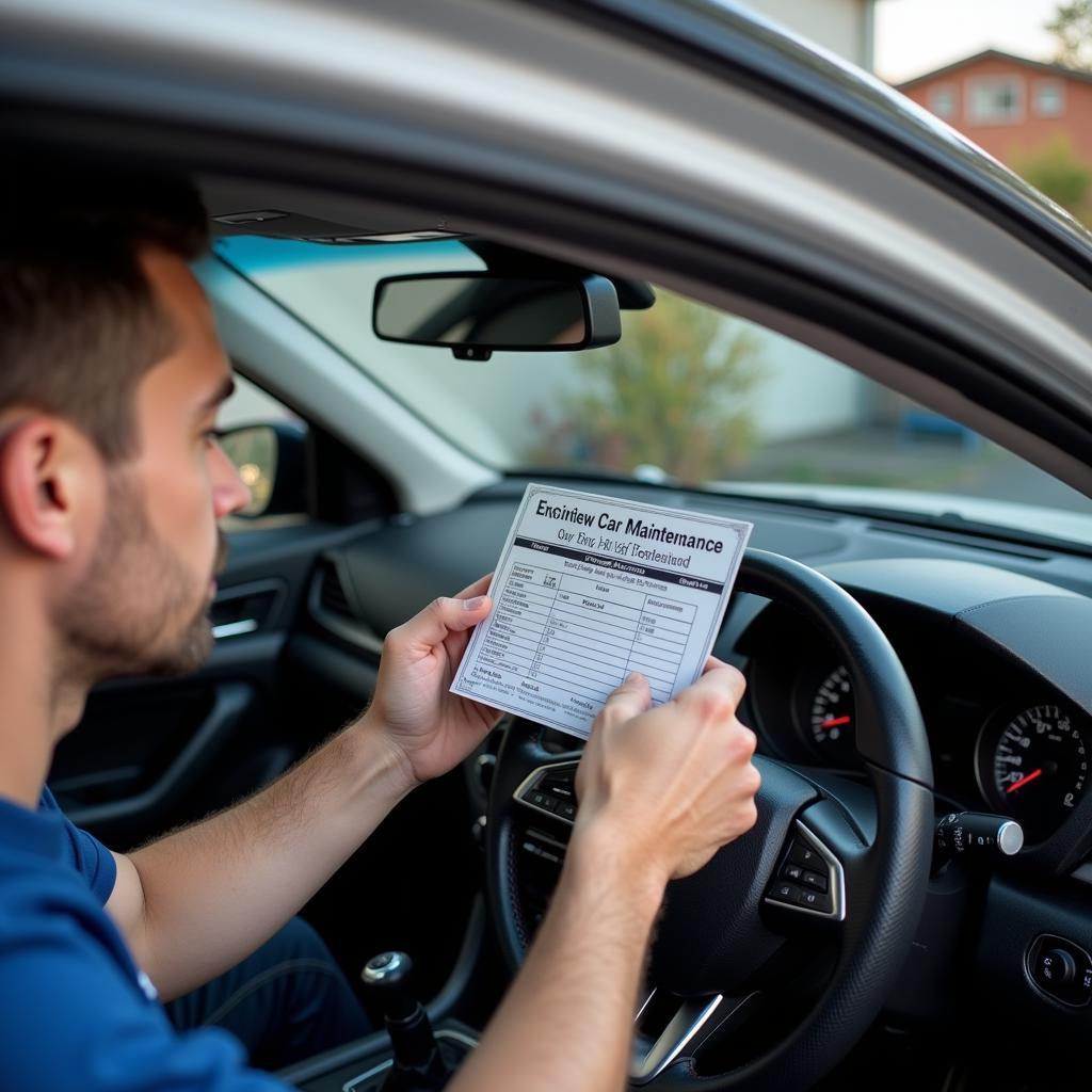 Mechanic applying a car maintenance sticker after service