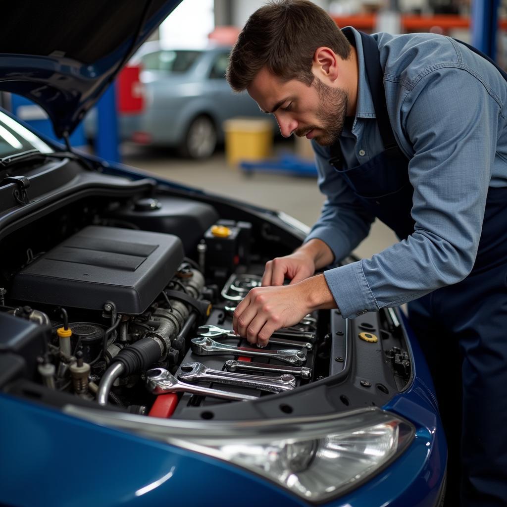 Mechanic Carefully Packing Tools After Car Repair