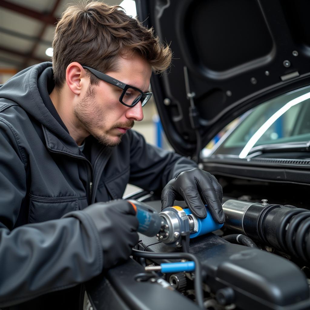 Mechanic inspecting a car's air conditioning system