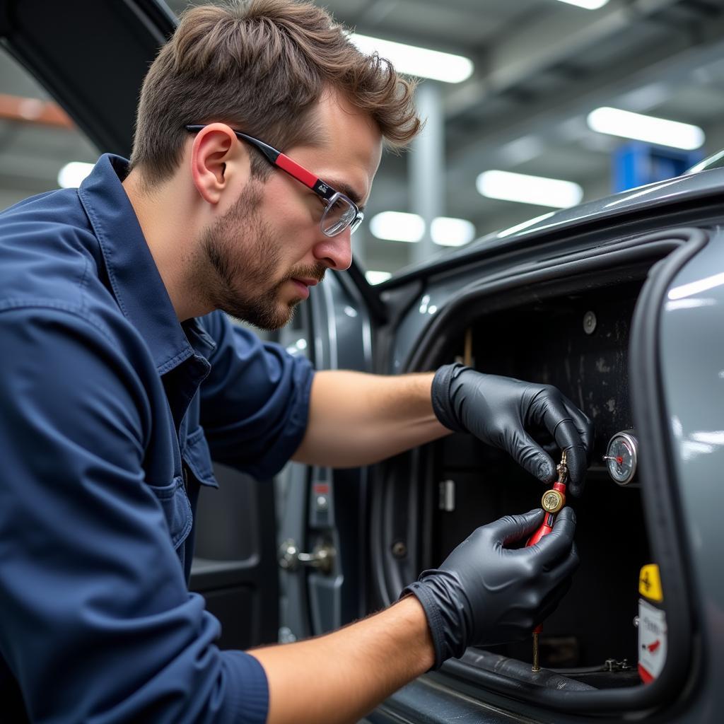 Mechanic Inspecting Car Air Conditioning System