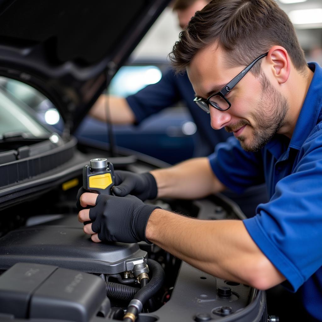 Mechanic Inspecting Car AC System