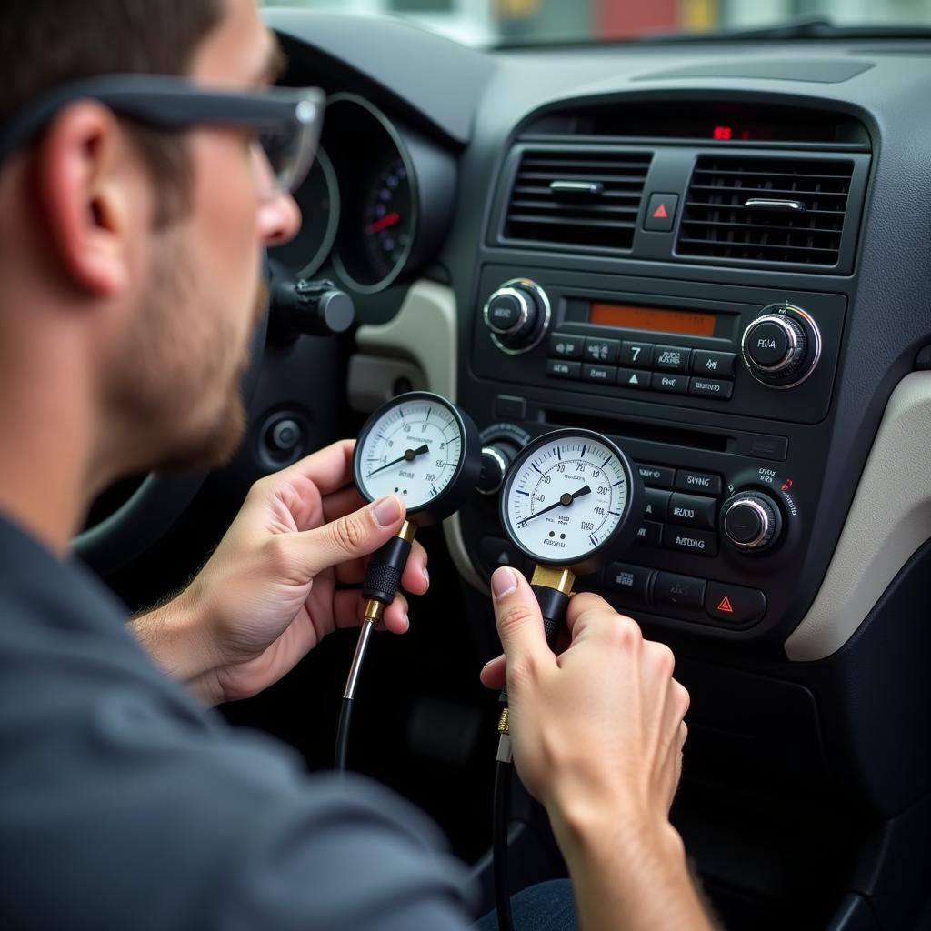 Mechanic Checking Car AC System with Gauges