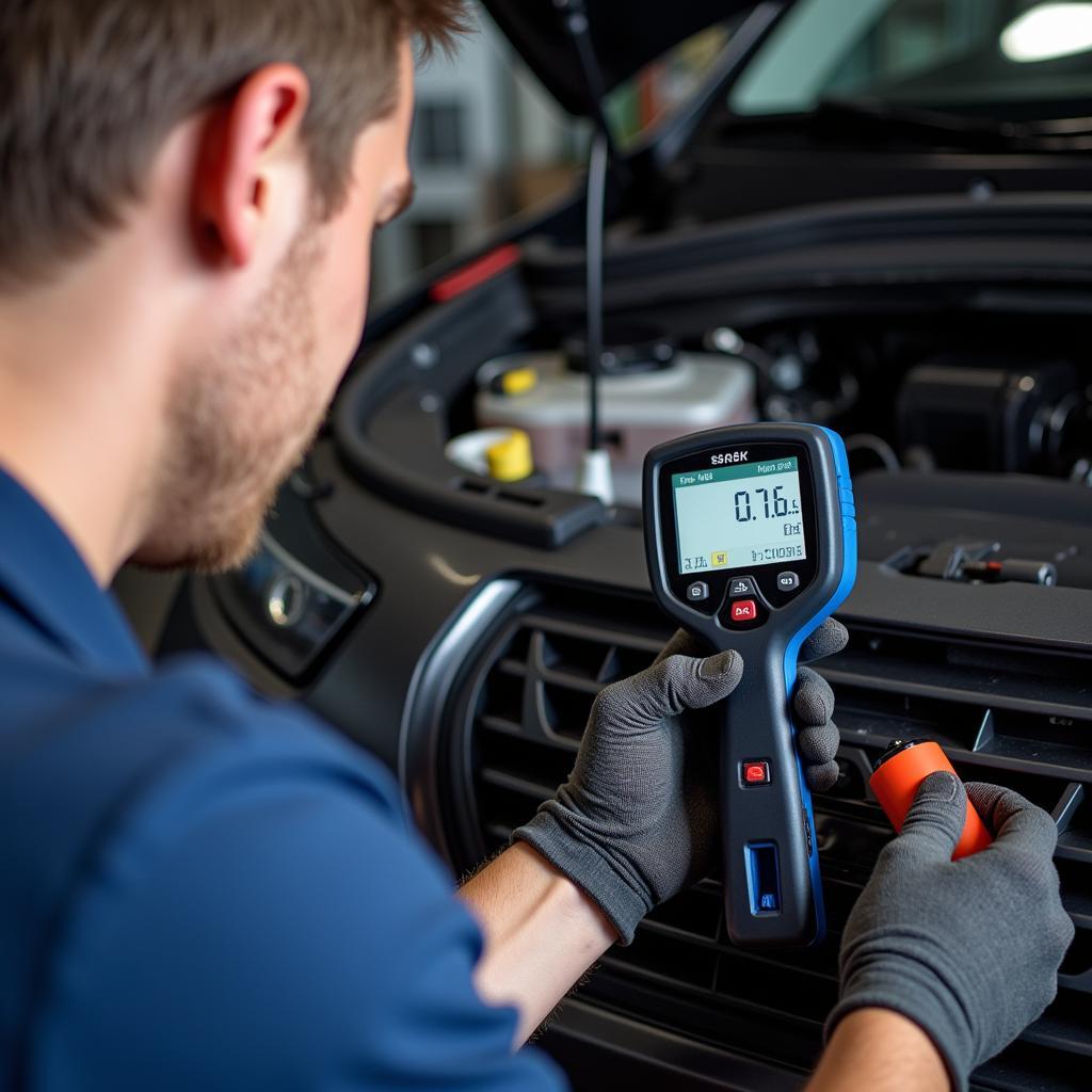 Mechanic Inspecting Car AC System