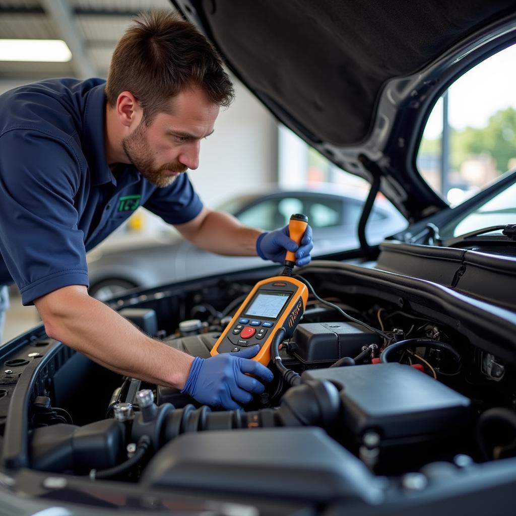 Mechanic Inspecting Car AC System