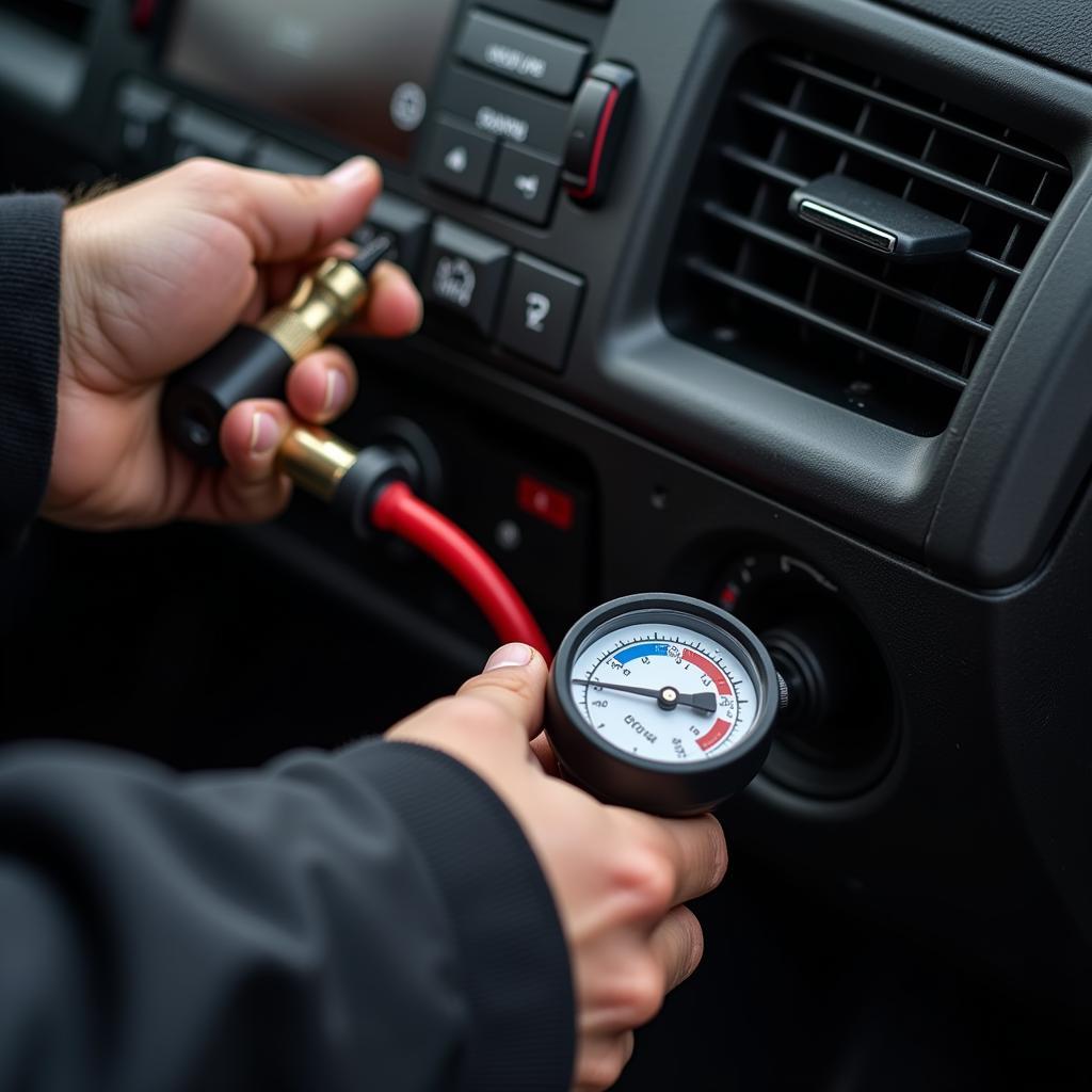 Mechanic Checking Car AC Pressure with Gauge