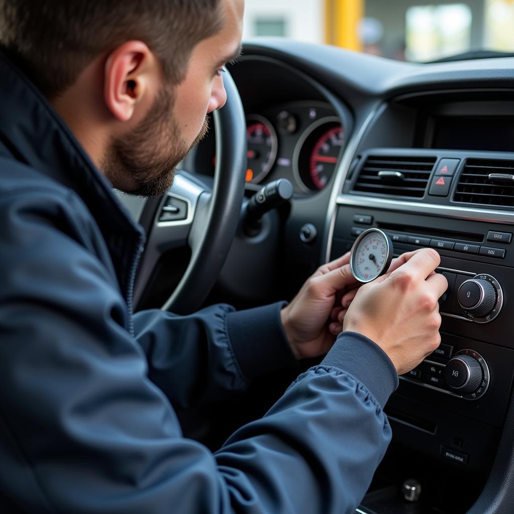 Mechanic Checking Car AC Refrigerant