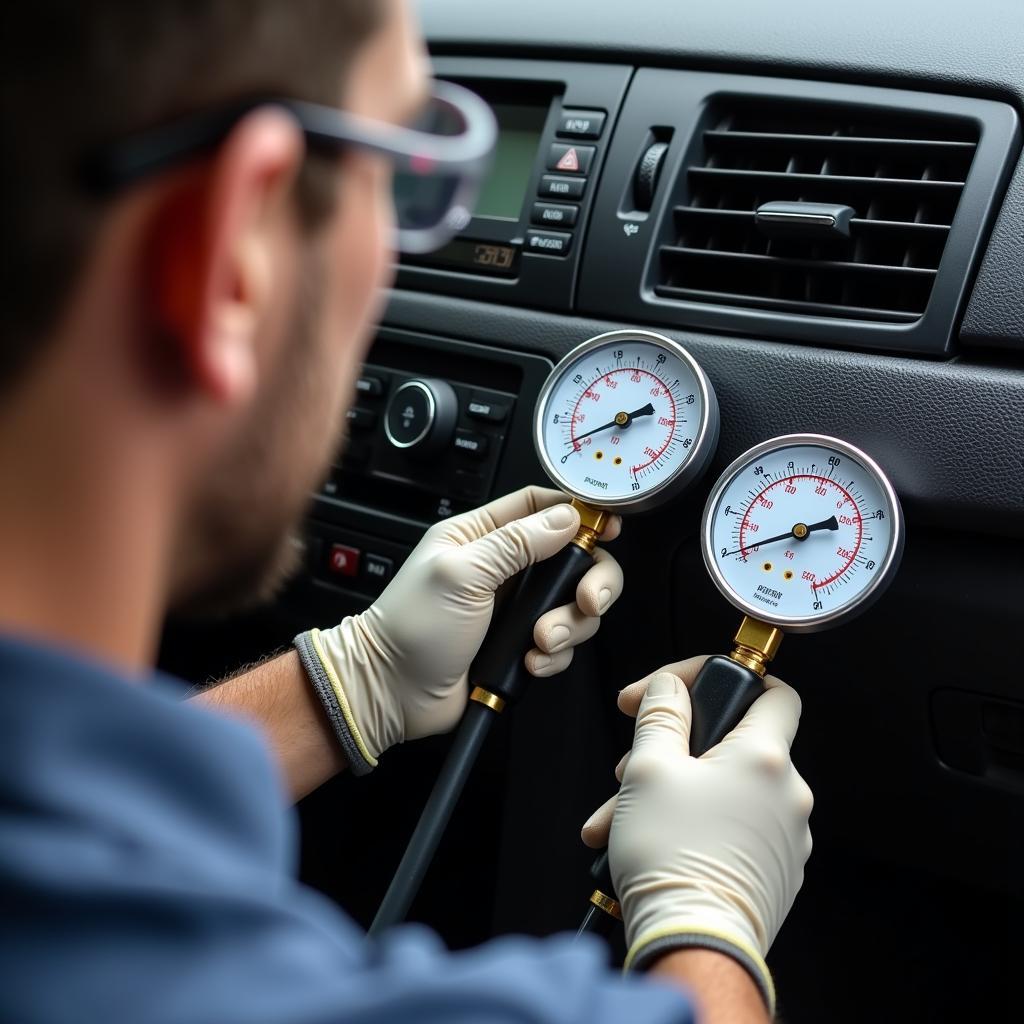 Mechanic Checking Car AC System with Gauges