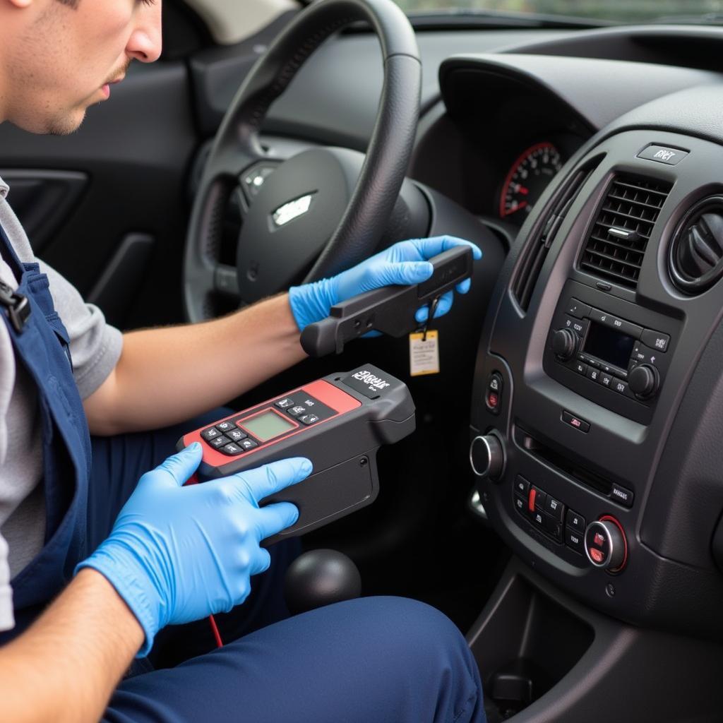 Mechanic inspecting a car's air conditioning system