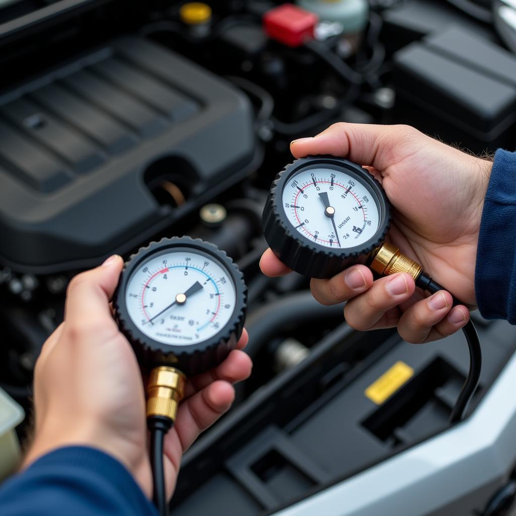 Mechanic Checking Car AC System with Gauges