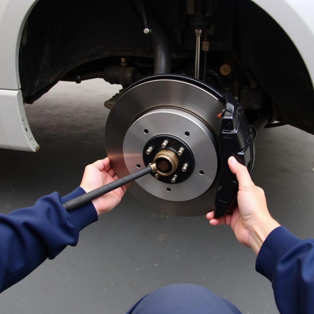 Mechanic Checking Car Brakes: Close-up of a mechanic inspecting brake pads and rotors during a car maintenance inspection.