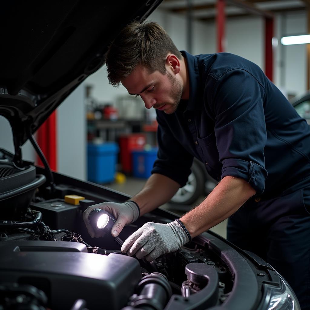 A mechanic is inspecting the coolant level in a car's radiator.