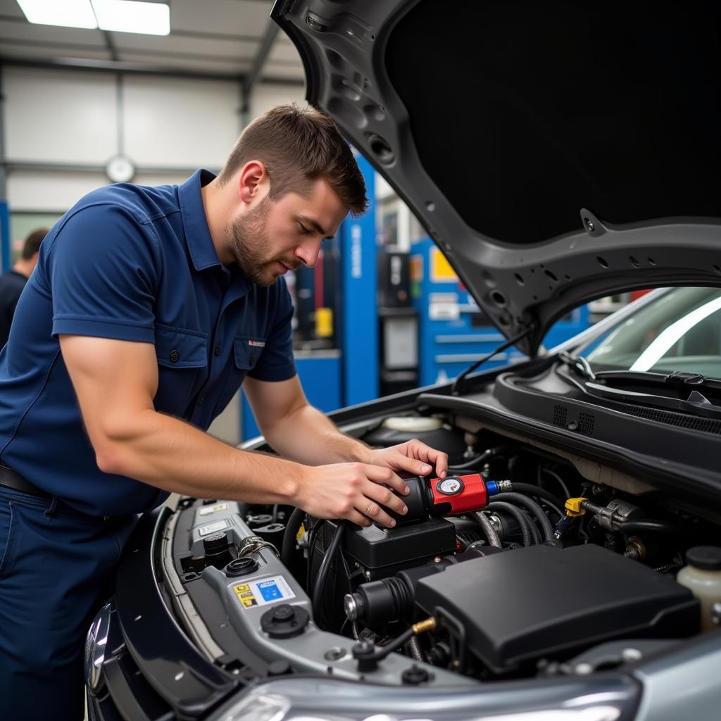 Mechanic inspecting car cooling system