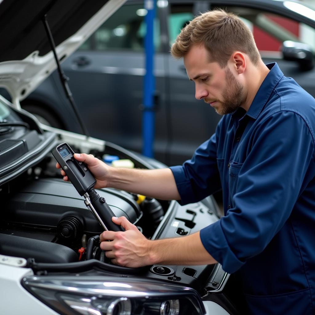 Mechanic Checking Car Engine with Diagnostic Tool