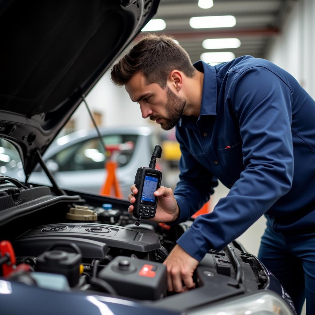 Mechanic inspecting a car engine for problems