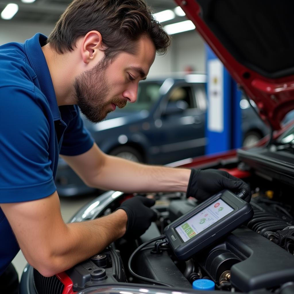 A mechanic using a diagnostic tool to check a car engine.