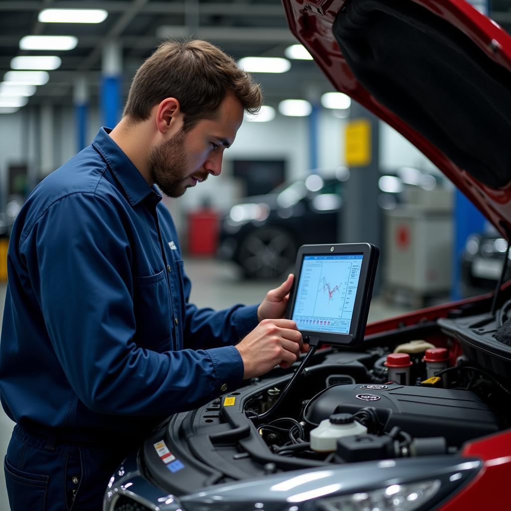 Mechanic Checking Car Engine with Diagnostic Tools