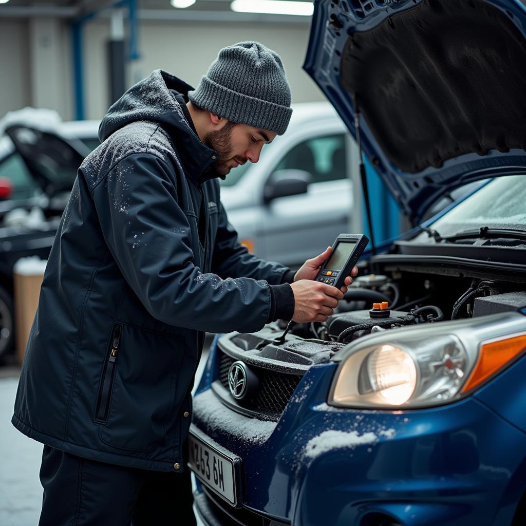 Mechanic Checking Car in Winter